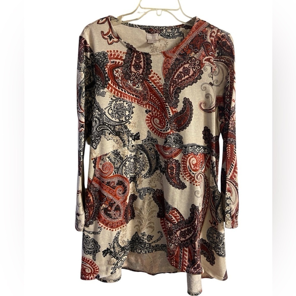 Chico’s knit tunic top paisley print long line fall staple Large